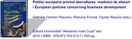 Politici europene privind dezvoltarea  mediului de afaceri / European policies concerning business development  Gabriela Carmen Pascariu, Ramona Frunză, Ciprian Alupului (eds.)   Editura Universitatii "Alexandru Ioan Cuza" Iasi 2010 | ISBN:  978-973-703-512-7 | 540 pg.